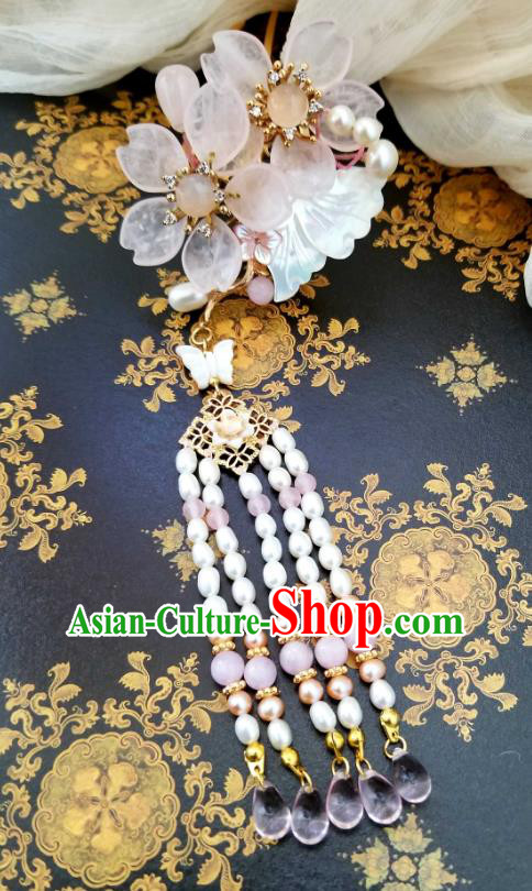 Chinese Handmade Rose Quartz Tassel Hairpin Traditional Ming Dynasty Princess Cherry Blossom Hair Stick