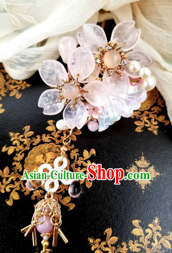 Chinese Handmade Rose Quartz Tassel Hairpin Traditional Ming Dynasty Princess Cherry Blossom Hair Stick