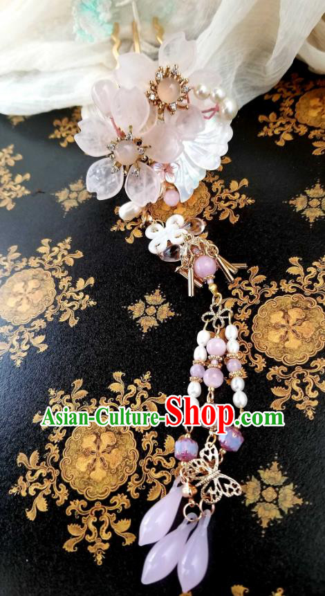 Chinese Handmade Rose Quartz Tassel Hairpin Traditional Ming Dynasty Princess Cherry Blossom Hair Stick