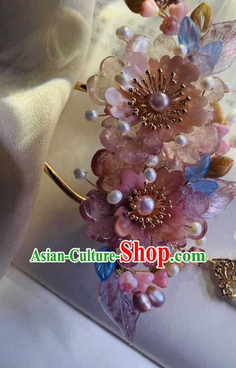 Chinese Handmade Rose Quartz Peony Hair Stick Traditional Ming Dynasty Princess Pearls Tassel Hairpin