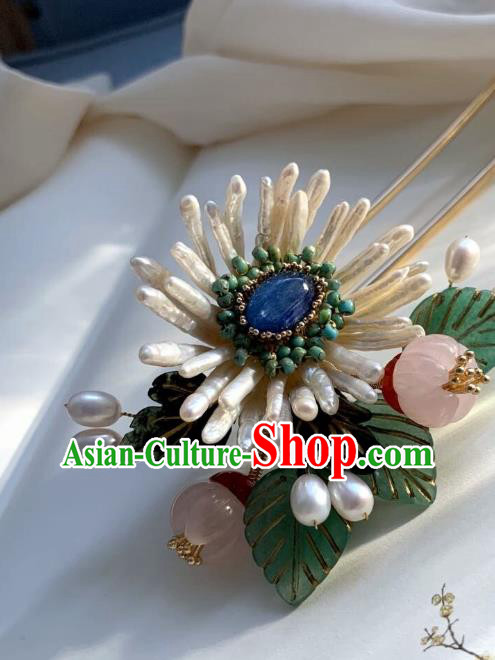 Chinese Handmade Shell Chrysanthemum Hair Stick Traditional Ming Dynasty Princess Rose Quartz Hairpin