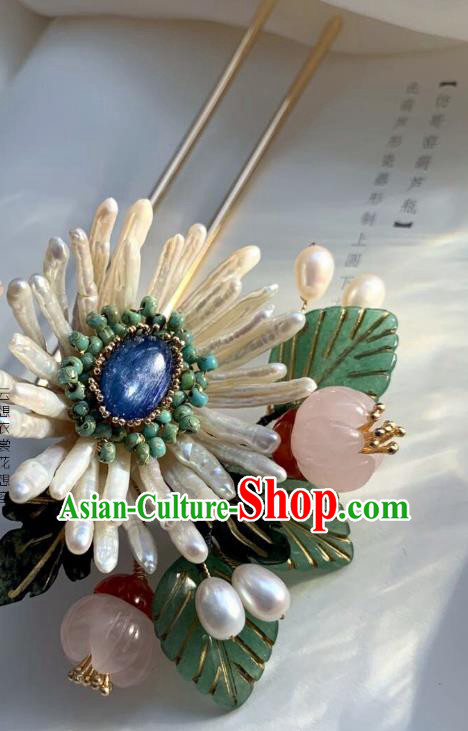 Chinese Handmade Shell Chrysanthemum Hair Stick Traditional Ming Dynasty Princess Rose Quartz Hairpin