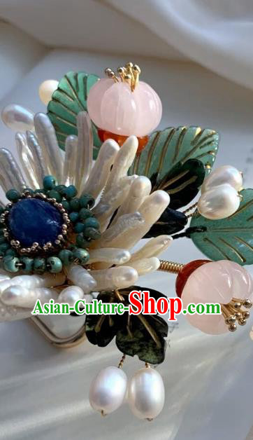 Chinese Handmade Shell Chrysanthemum Hair Stick Traditional Ming Dynasty Princess Rose Quartz Hairpin