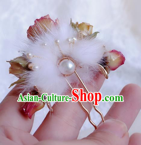 Chinese Handmade Flowers Hairpin Traditional Ming Dynasty Princess Fur Hair Stick