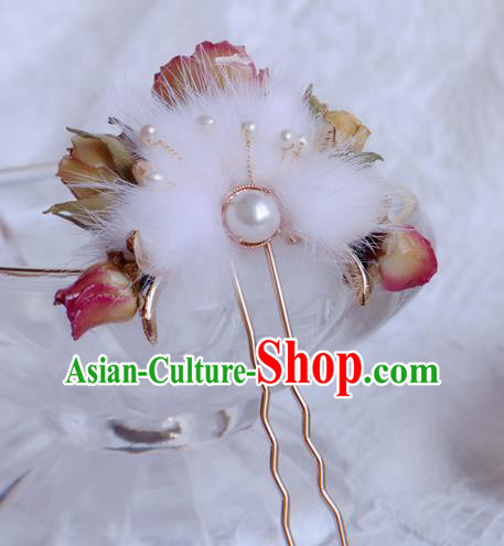 Chinese Handmade Flowers Hairpin Traditional Ming Dynasty Princess Fur Hair Stick
