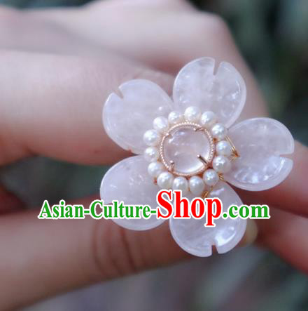 Chinese Handmade Rose Quartz Hairpin Traditional Ming Dynasty Princess Pearls Peach Blossom Hair Stick