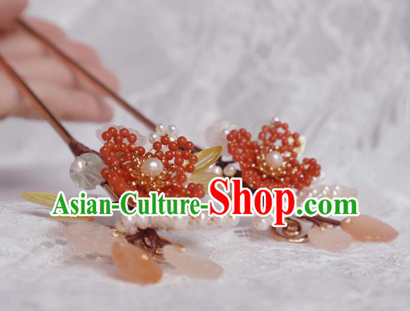 Chinese Handmade Red Beads Hairpin Traditional Ming Dynasty Princess Shell Leaf Hair Stick