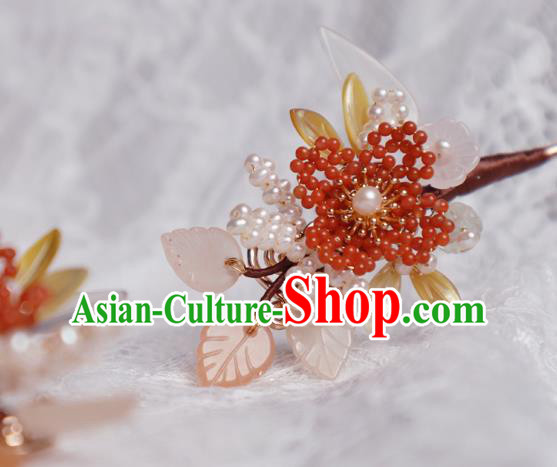 Chinese Handmade Red Beads Hairpin Traditional Ming Dynasty Princess Shell Leaf Hair Stick
