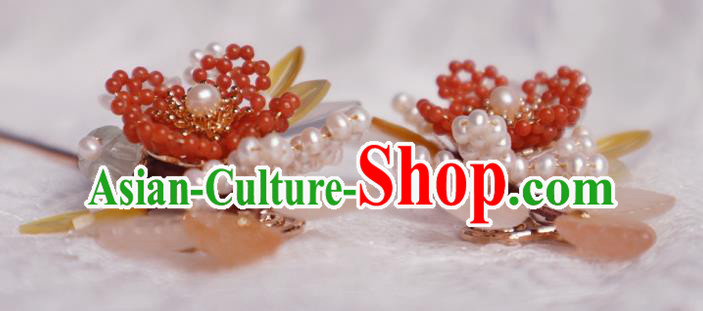 Chinese Handmade Red Beads Hairpin Traditional Ming Dynasty Princess Shell Leaf Hair Stick