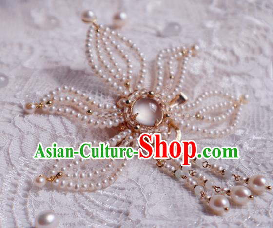 Chinese Handmade Tassel Hair Stick Traditional Ming Dynasty Princess Pearls Lotus Hair Claw