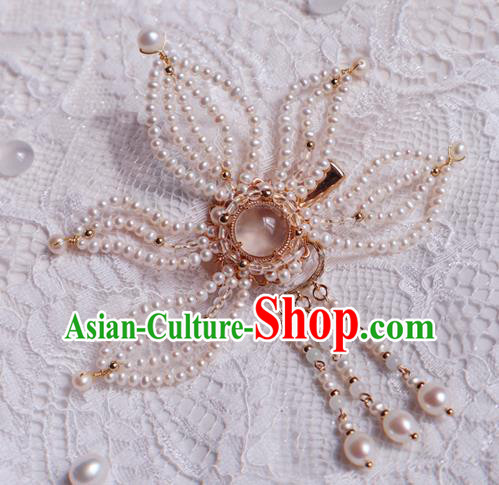 Chinese Handmade Tassel Hair Stick Traditional Ming Dynasty Princess Pearls Lotus Hair Claw