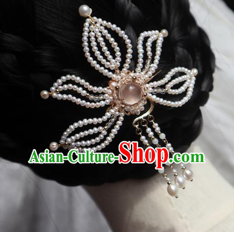 Chinese Handmade Tassel Hair Stick Traditional Ming Dynasty Princess Pearls Lotus Hair Claw
