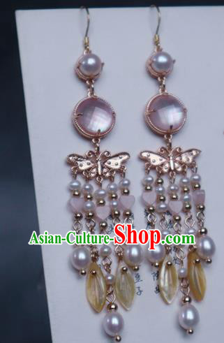 China Traditional Hanfu Shell Tassel Earrings Ancient Ming Dynasty Princess Butterfly Eardrop Jewelry