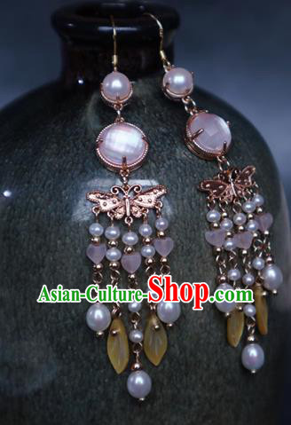 China Traditional Hanfu Shell Tassel Earrings Ancient Ming Dynasty Princess Butterfly Eardrop Jewelry