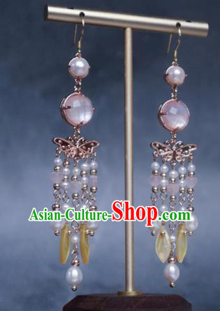 China Traditional Hanfu Shell Tassel Earrings Ancient Ming Dynasty Princess Butterfly Eardrop Jewelry
