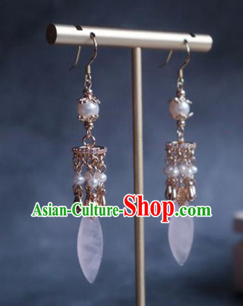 China Traditional Hanfu Pearls Earrings Ancient Ming Dynasty Court Golden Ear Jewelry