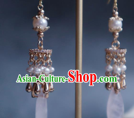 China Traditional Hanfu Pearls Earrings Ancient Ming Dynasty Court Golden Ear Jewelry
