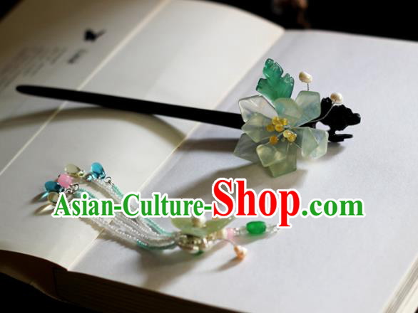 Chinese Handmade Ebony Hairpin Traditional Han Dynasty Princess Jade Mangnolia Tassel Hair Stick