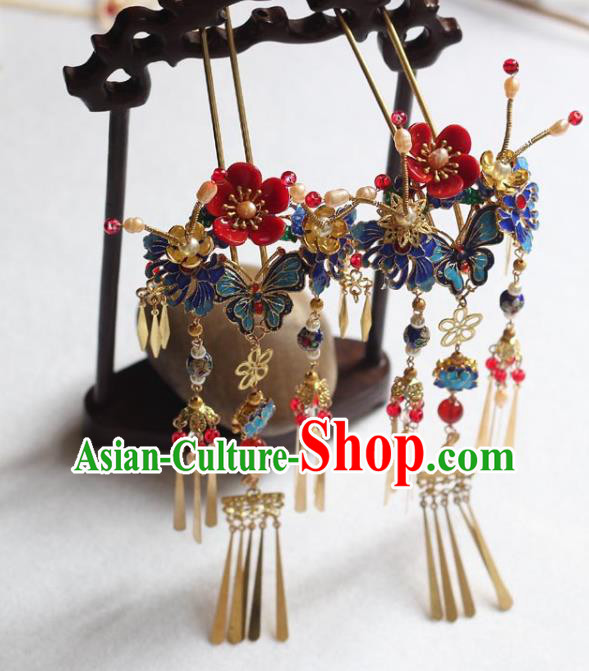 Chinese Handmade Red Plum Hairpin Traditional Ming Dynasty Princess Blueing Butterfly Hair Stick