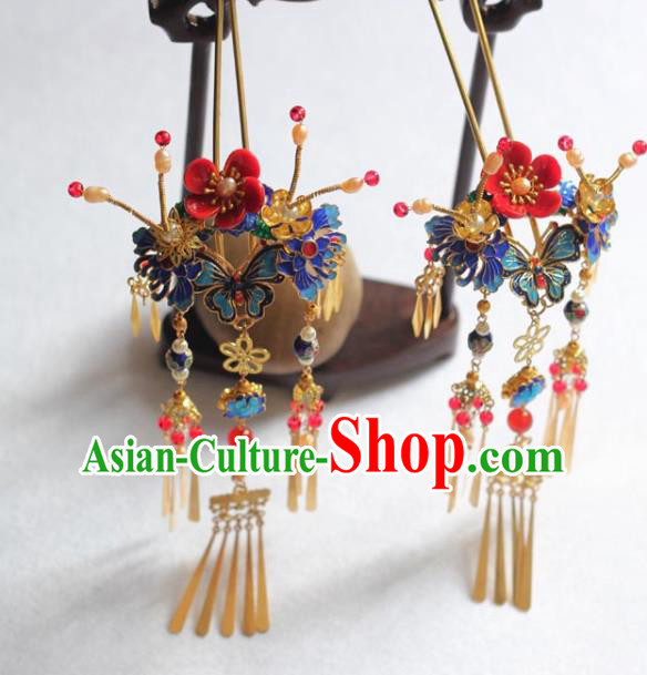 Chinese Handmade Red Plum Hairpin Traditional Ming Dynasty Princess Blueing Butterfly Hair Stick