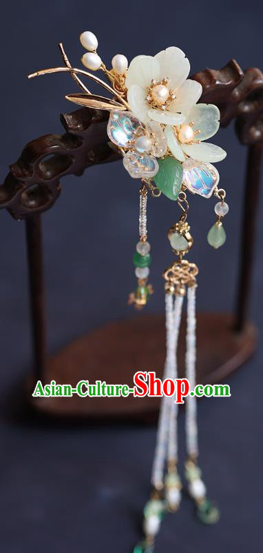 Chinese Handmade Beads Tassel Hair Stick Traditional Ming Dynasty Princess Flowers Hairpin