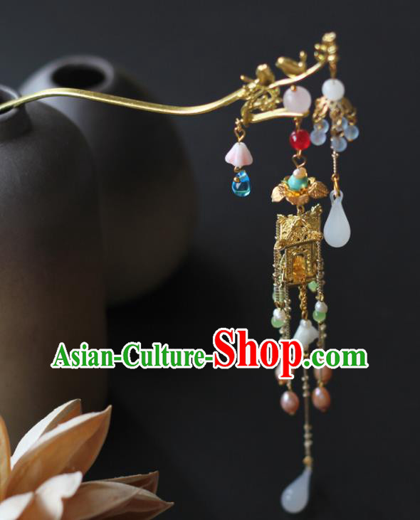 Chinese Handmade Palace Golden Hair Stick Traditional Qing Dynasty Court Lady Tassel Hairpin