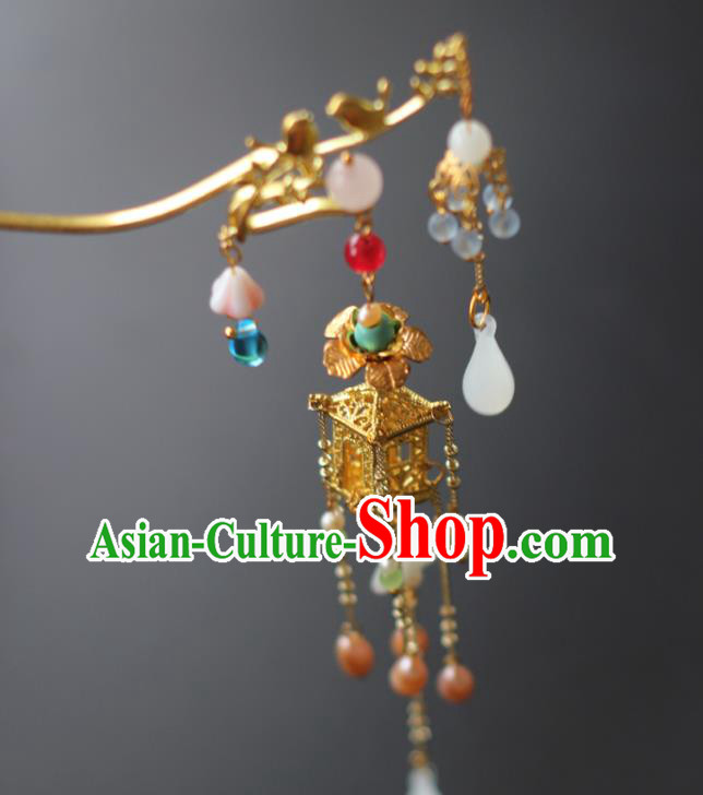 Chinese Handmade Palace Golden Hair Stick Traditional Qing Dynasty Court Lady Tassel Hairpin