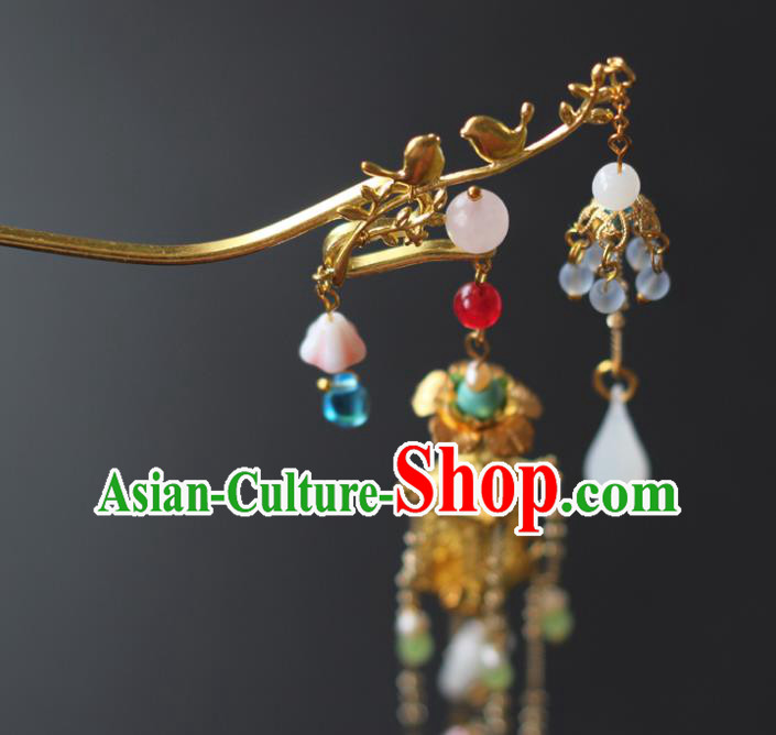 Chinese Handmade Palace Golden Hair Stick Traditional Qing Dynasty Court Lady Tassel Hairpin