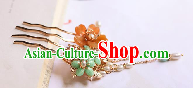 Chinese Handmade Plum Blossom Hair Comb Traditional Ming Dynasty Princess Pearls Tassel Hairpin