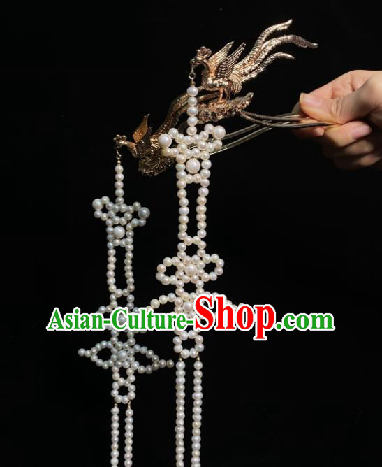 Chinese Traditional Ming Dynasty Empress Tassel Hair Stick Handmade Golden Phoenix Hairpin