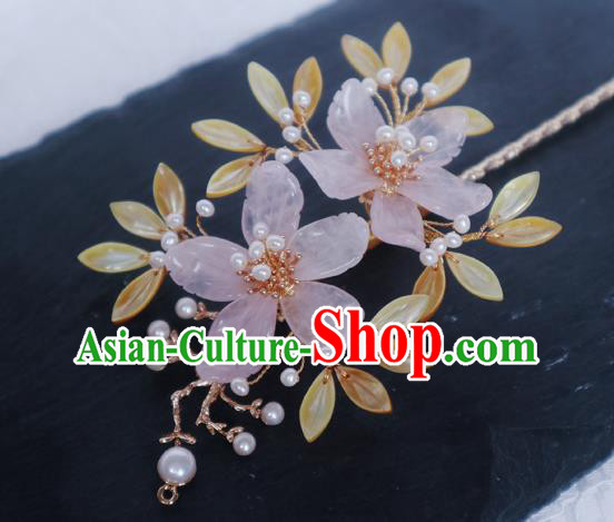 Chinese Handmade Shell Leaf Hair Stick Traditional Ming Dynasty Princess Peach Blossom Hairpin
