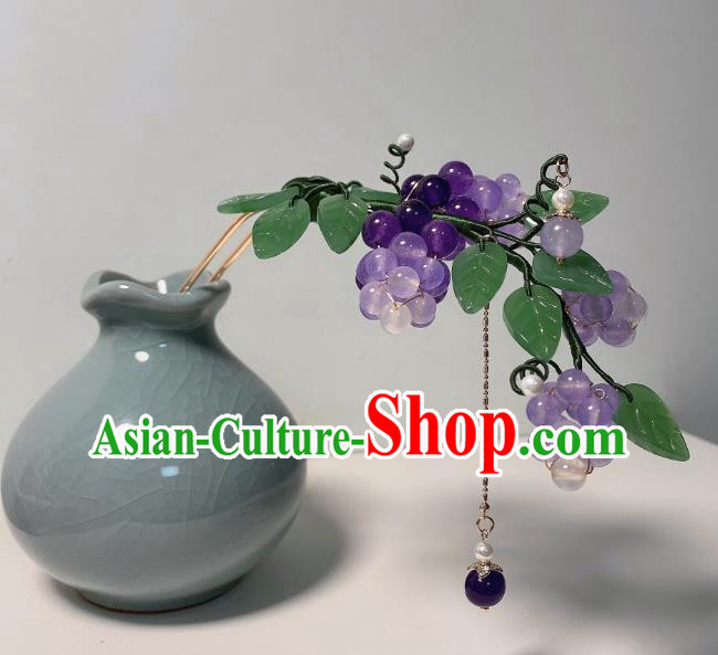 Chinese Ming Dynasty Princess Grape Hair Stick Handmade Traditional Hanfu Amethyst Beads Tassel Hairpin