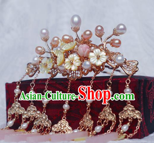 Chinese Handmade Yellow Shell Plum Hair Stick Traditional Ming Dynasty Princess Golden Tassel Hairpin