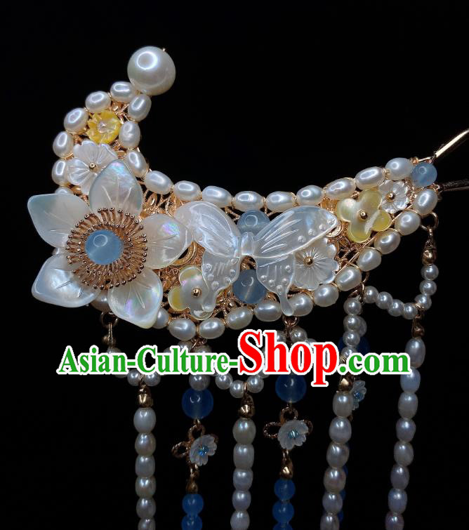 Chinese Handmade Pearls Tassel Hairpin Traditional Song Dynasty Princess Shell Hair Sticks