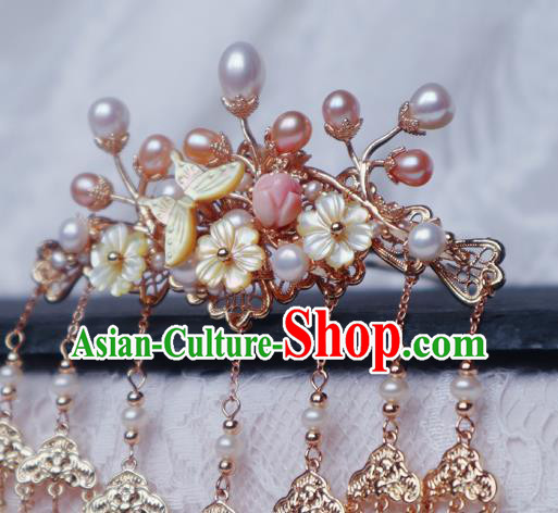 Chinese Handmade Yellow Shell Plum Hair Stick Traditional Ming Dynasty Princess Golden Tassel Hairpin