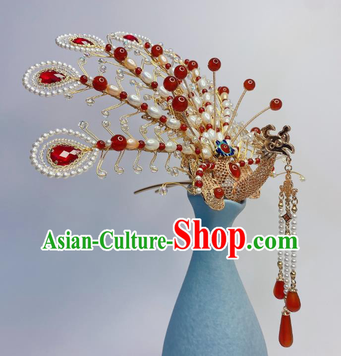 Chinese Handmade Phoenix Coronet Traditional Ming Dynasty Wedding Pearls Hair Crown