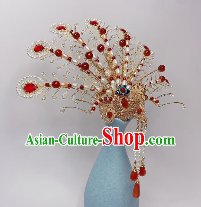 Chinese Handmade Phoenix Coronet Traditional Ming Dynasty Wedding Pearls Hair Crown