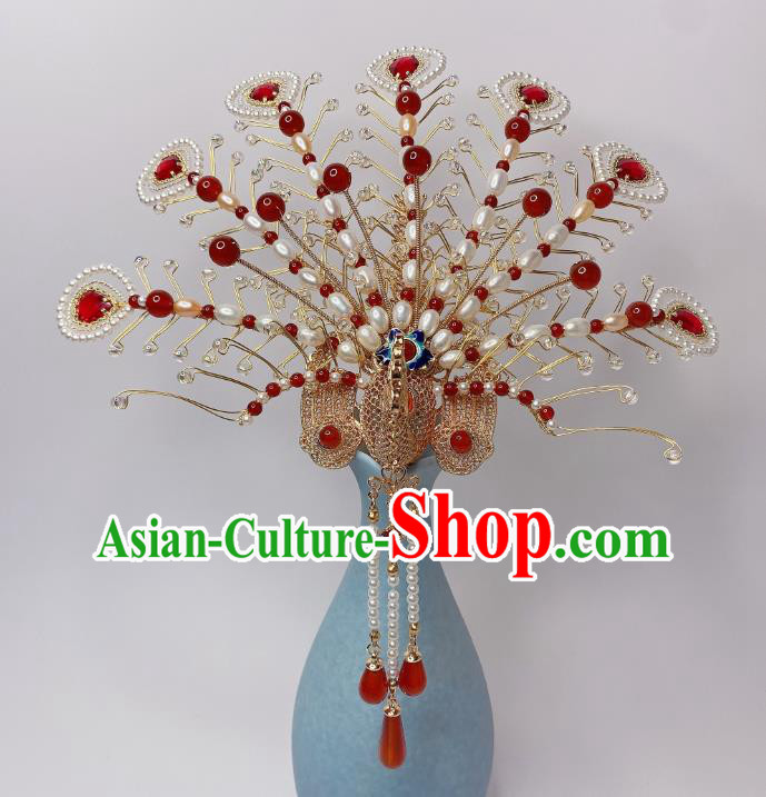 Chinese Handmade Phoenix Coronet Traditional Ming Dynasty Wedding Pearls Hair Crown