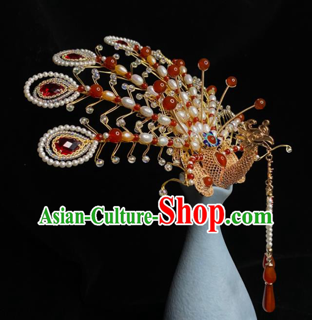 Chinese Handmade Phoenix Coronet Traditional Ming Dynasty Wedding Pearls Hair Crown