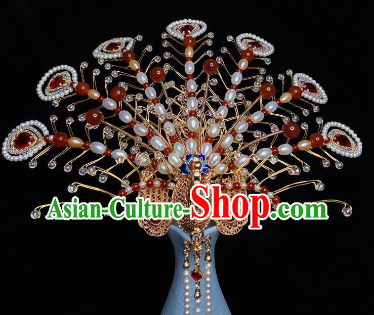 Chinese Handmade Phoenix Coronet Traditional Ming Dynasty Wedding Pearls Hair Crown