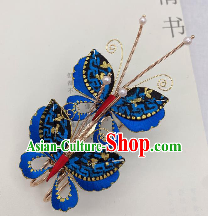 Chinese Handmade Blue Butterfly Hair Claw Traditional Ming Dynasty Princess Hairpin