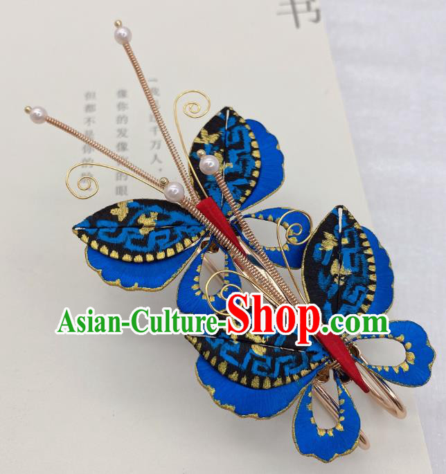 Chinese Handmade Blue Butterfly Hair Claw Traditional Ming Dynasty Princess Hairpin