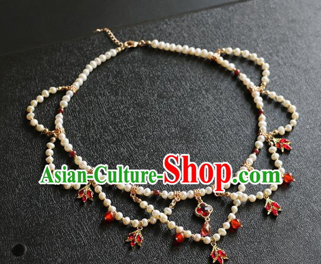 China Traditional Hanfu Red Crystal Necklace Accessories Handmade Pearls Necklet Jewelry