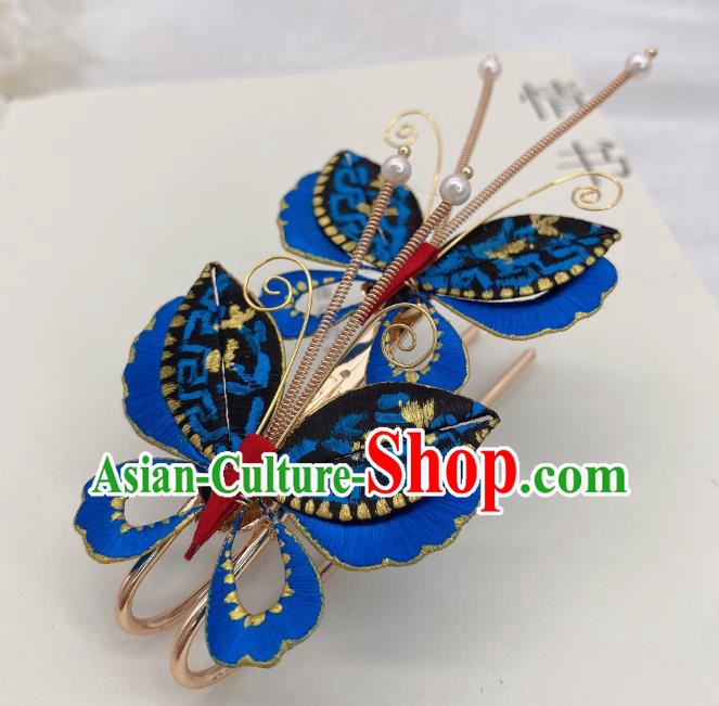 Chinese Handmade Blue Butterfly Hair Claw Traditional Ming Dynasty Princess Hairpin