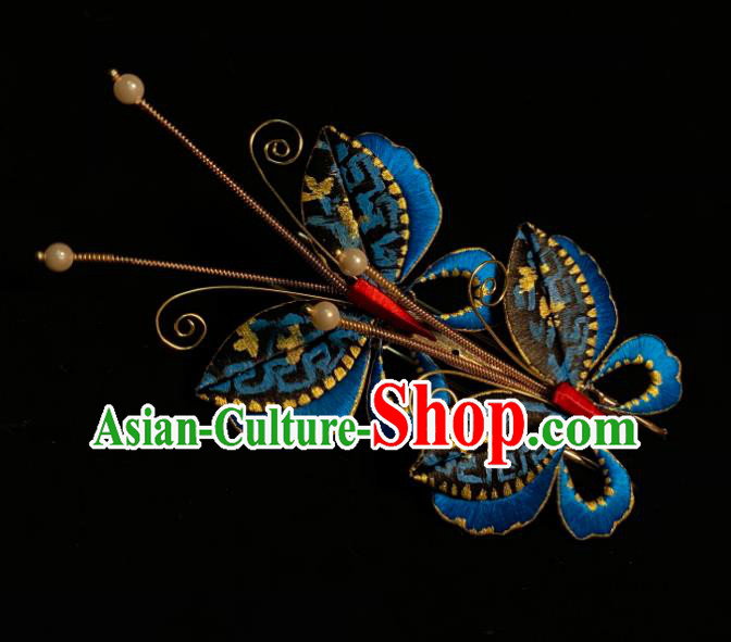 Chinese Handmade Blue Butterfly Hair Claw Traditional Ming Dynasty Princess Hairpin
