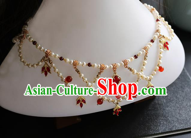 China Traditional Hanfu Red Crystal Necklace Accessories Handmade Pearls Necklet Jewelry