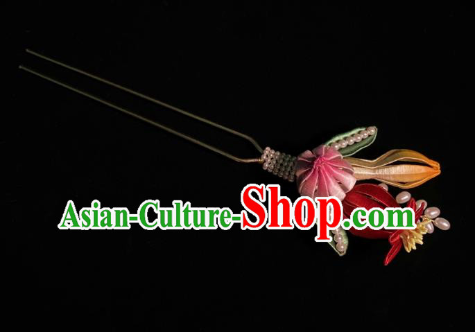 Chinese Handmade Silk Flowers Hair Stick Traditional Song Dynasty Princess Pearls Hairpin