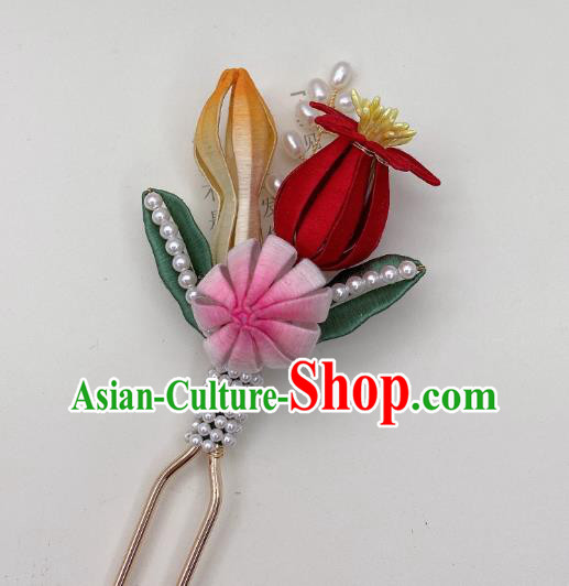 Chinese Handmade Silk Flowers Hair Stick Traditional Song Dynasty Princess Pearls Hairpin