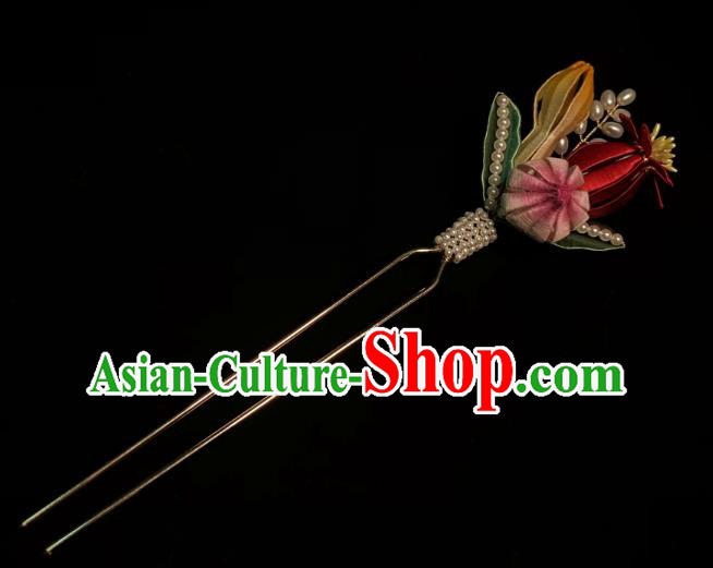Chinese Handmade Silk Flowers Hair Stick Traditional Song Dynasty Princess Pearls Hairpin