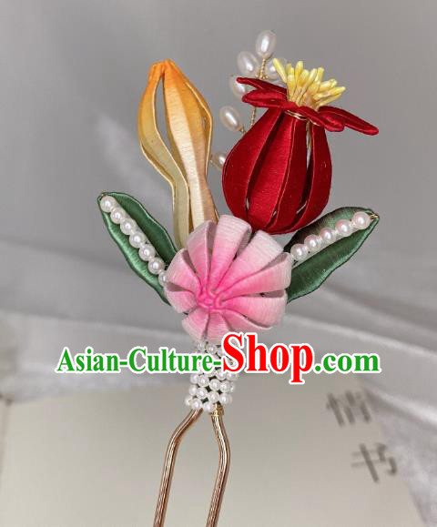 Chinese Handmade Silk Flowers Hair Stick Traditional Song Dynasty Princess Pearls Hairpin